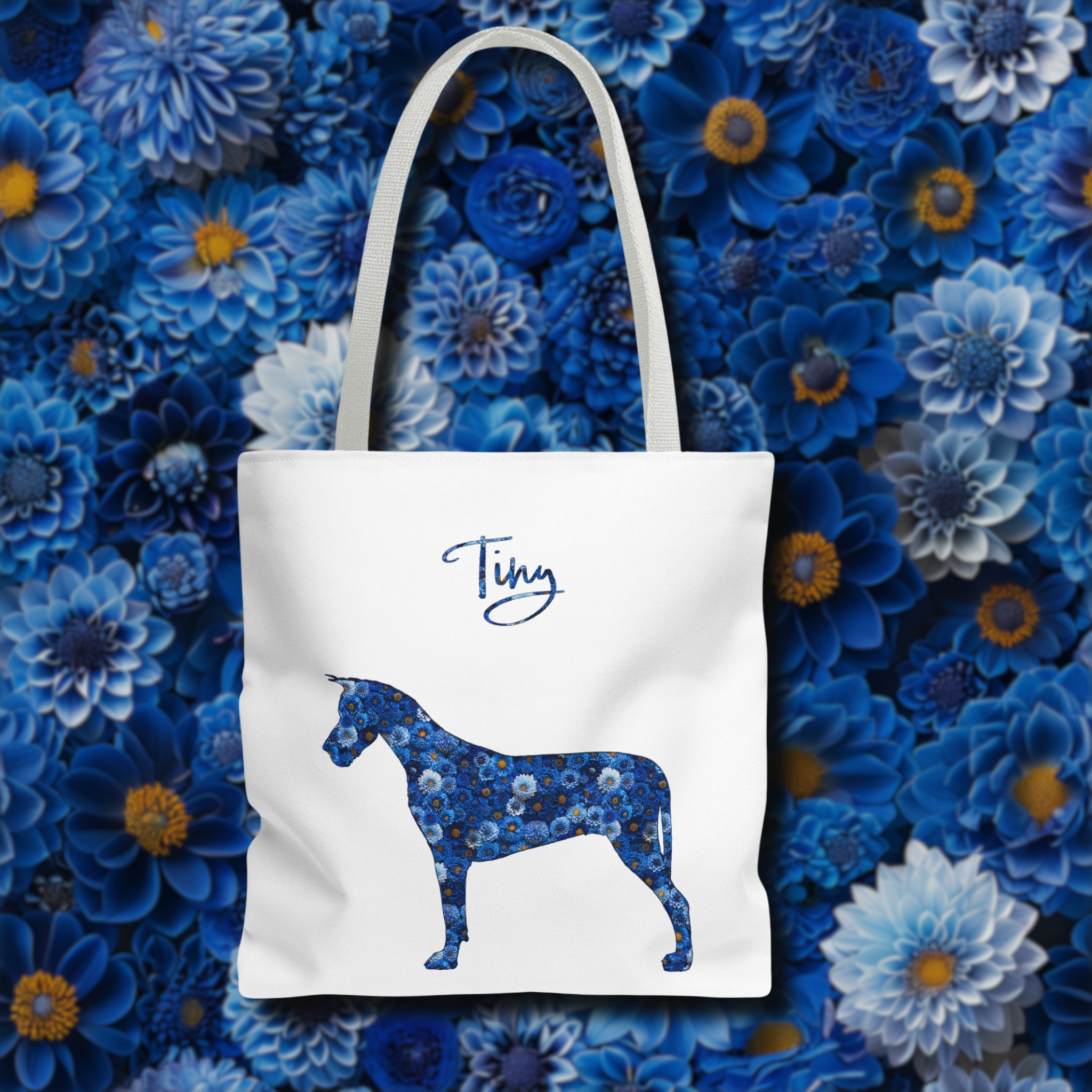 Personalized Blue Dahlia Dog Silhouette Flower Art Tote Bag - Upload Your Photo - flower-silhouette-standard-tote