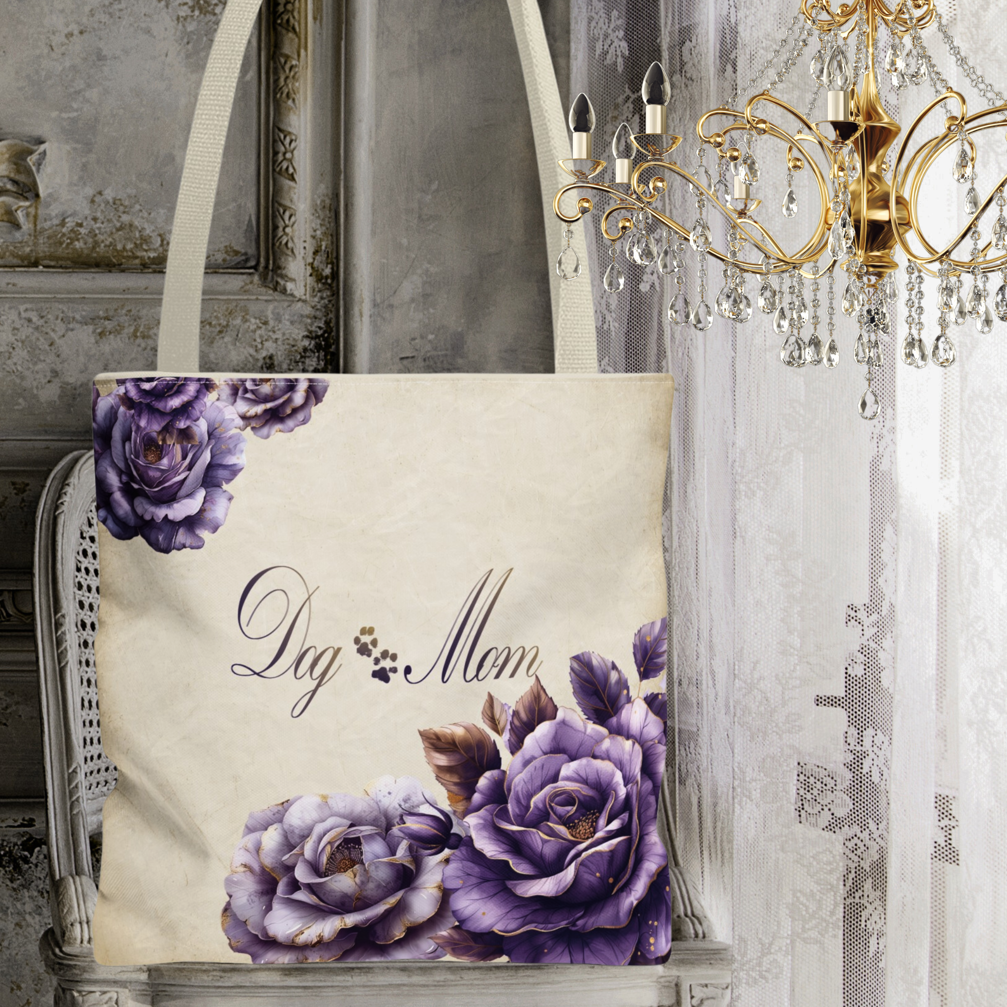 Dog Mom French Country Lavender Rose Farmhouse Tote - dog-mom-french-country-lavender-rose-tote