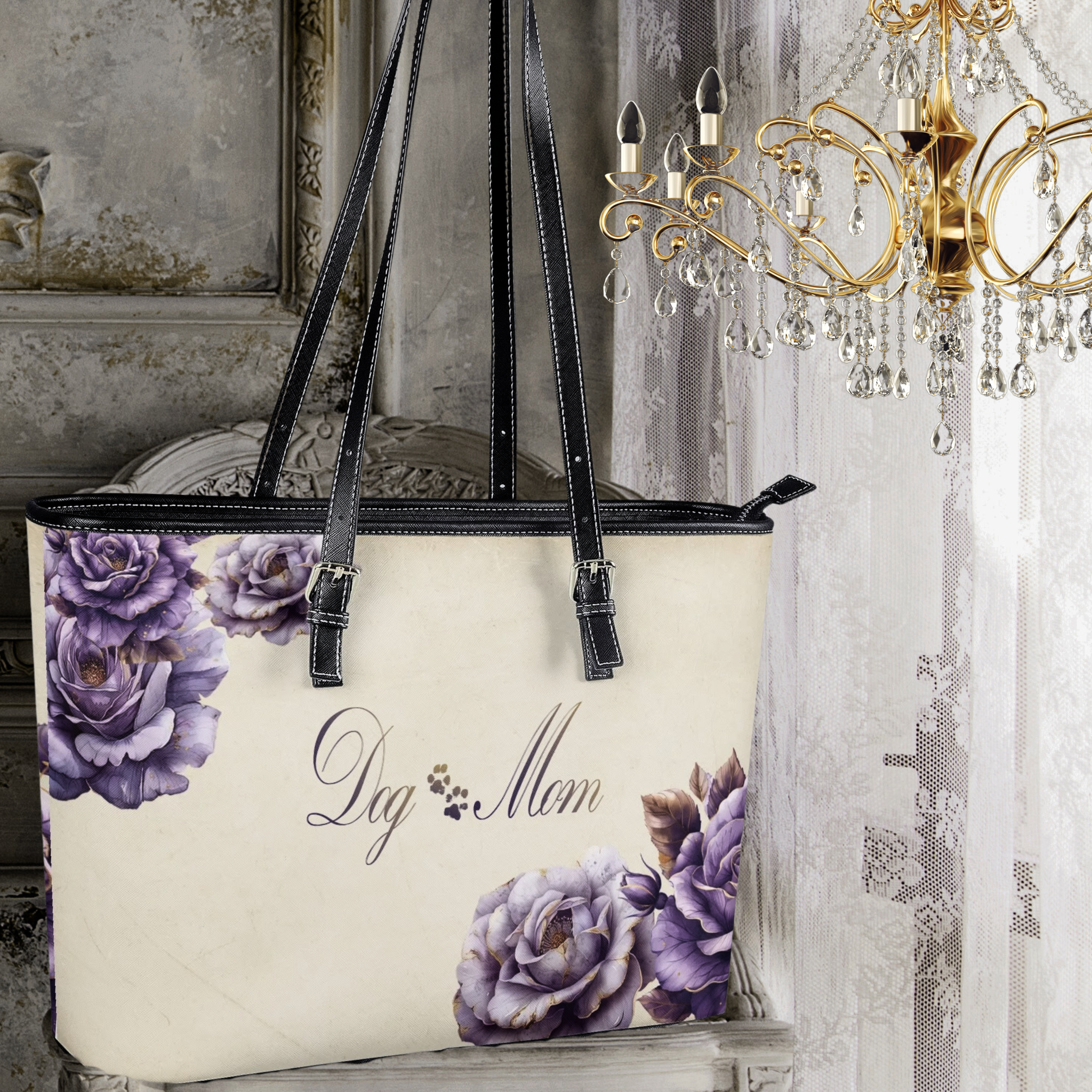 Dog Mom French Country Lavender Rose and Ivory Handbag - dog-mom-french-lavender-rose-country-handbag