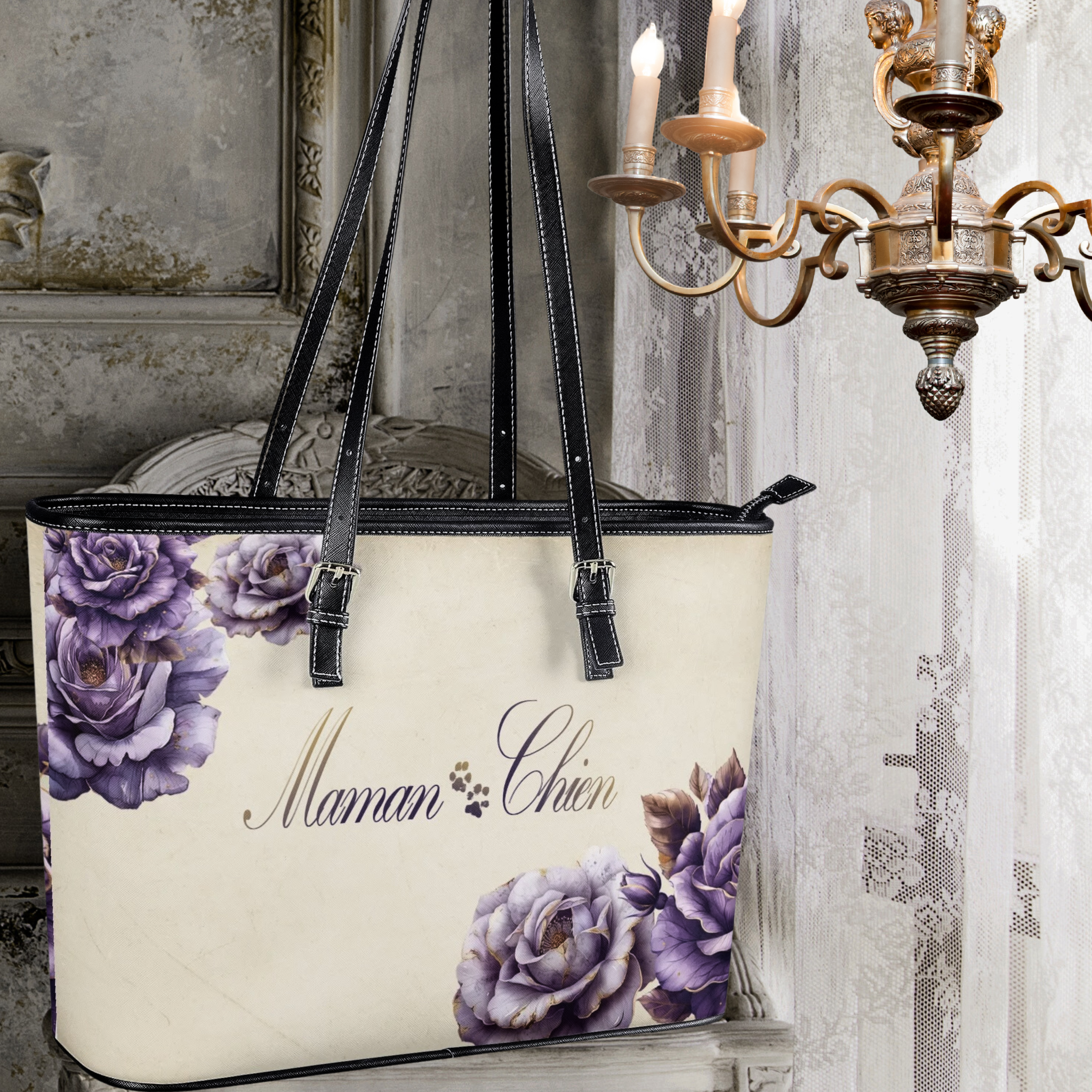 Maman Chien [Dog Mom in French] Country Lavender Rose and Ivory Handbag - maman-chien-french-lavender-rose-country-handbag