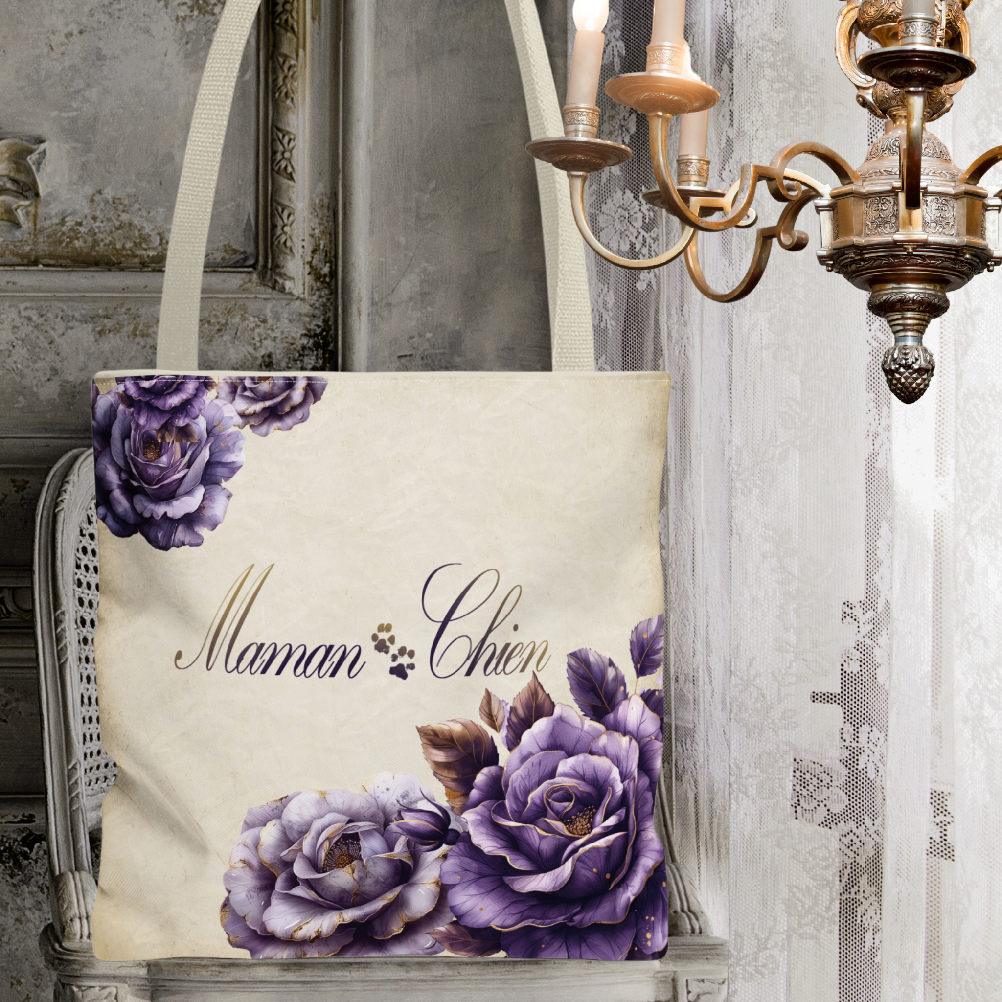 Maman Chien [Dog Mom in French] Farmhouse Country Lavender Rose Tote - maman-chien-french-country-lavender-rose-tote