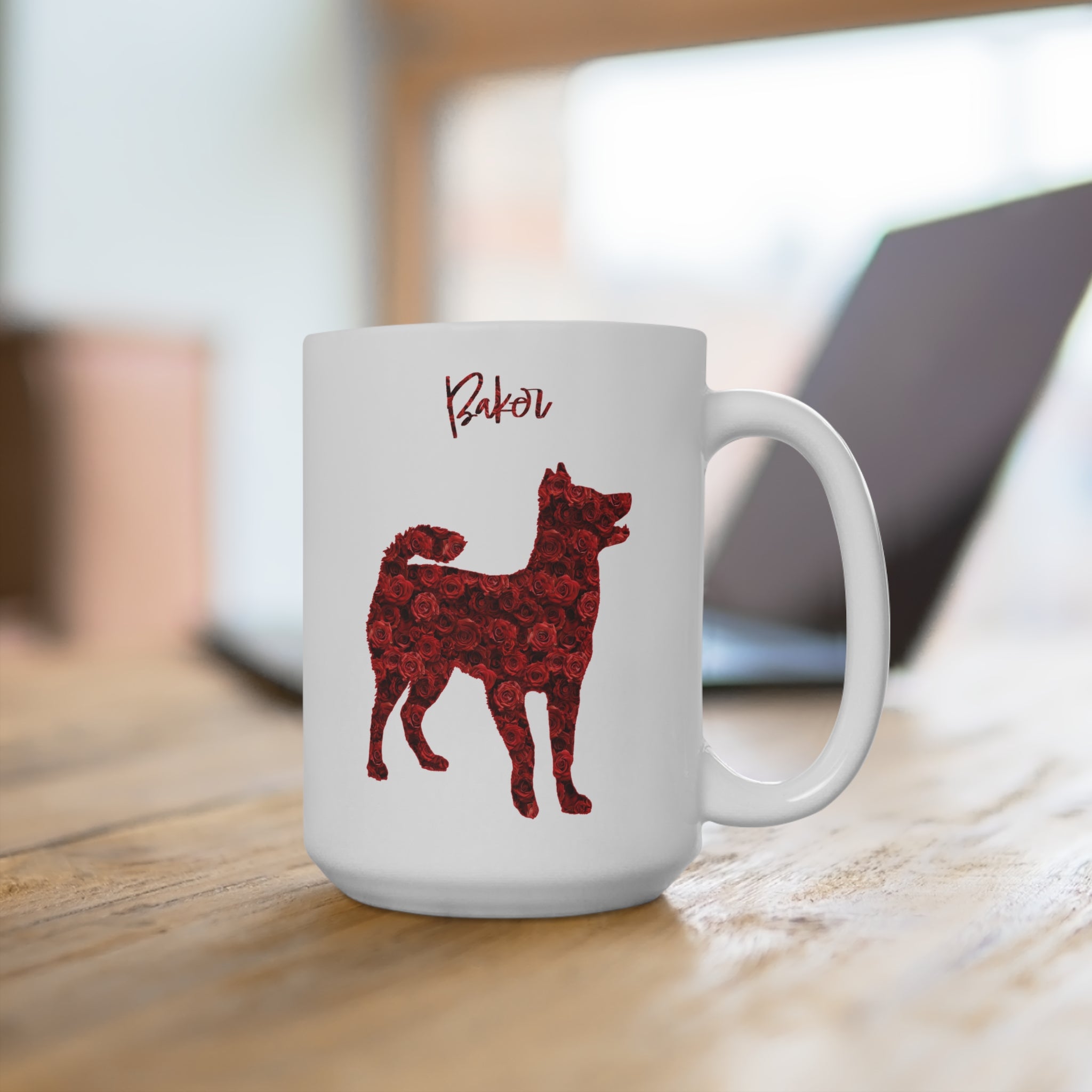 Personalized Red Rose Dog Silhouette Flower Art 15 Oz. Ceramic Coffee Mug - custom-red-rose-dog-silhouette-flower-art-15-oz-ceramic-coffee-mug