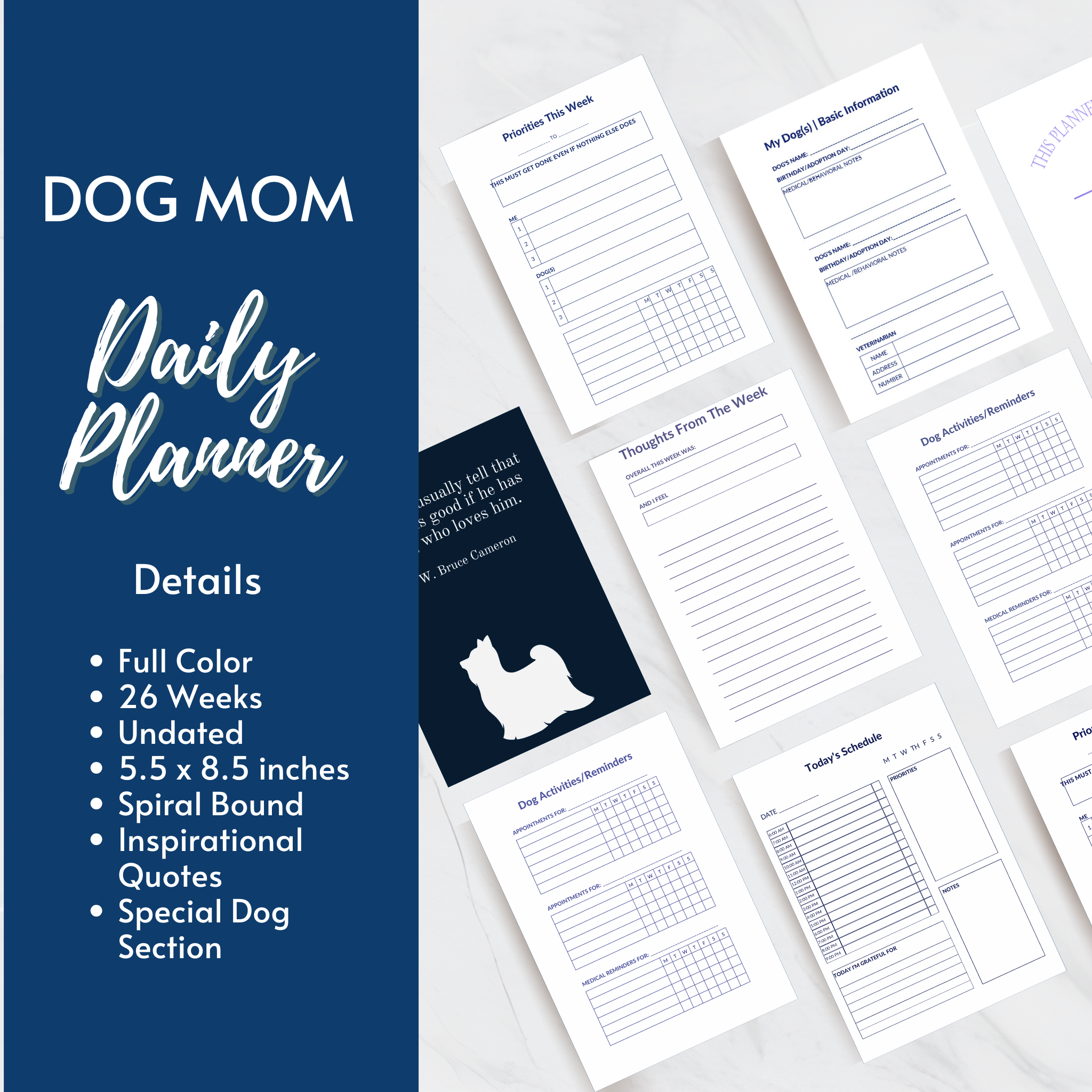 Full Color Elegant White Dog Art Dog Mom 6 Mo Daily Planner | Special Dog Pages