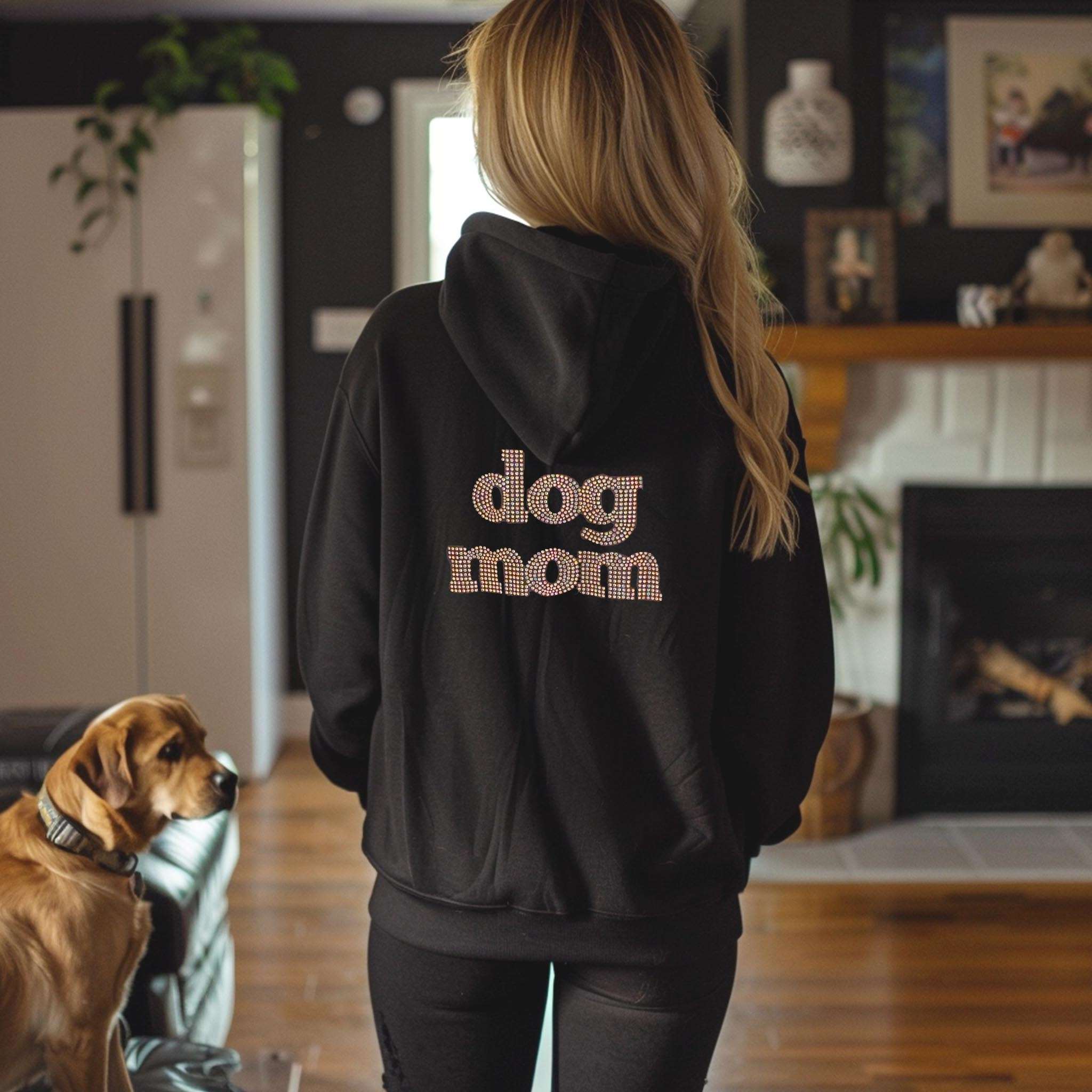 Dog Mom Crystal Zippered Hoodie | Crystal Design on Back - dog-mom-crystal-zipper-hoodie-design-on-back