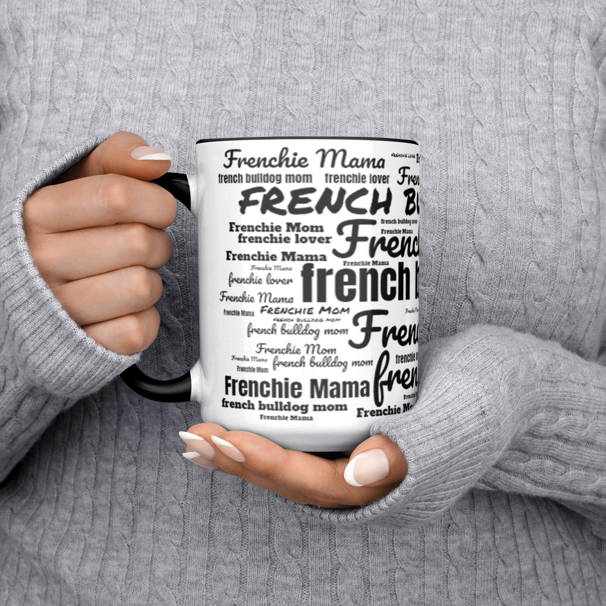Frenchie Mom & Mama Word Art Two Tone 15 Ounce Ceramic Mug - frenchie-word-art-mug
