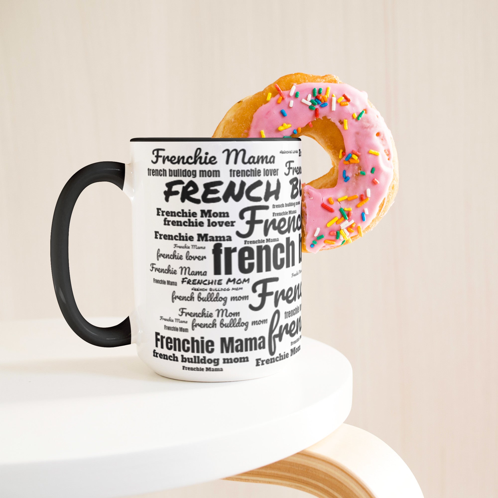 Frenchie Mom & Mama Word Art Two Tone 15 Ounce Ceramic Mug - frenchie-word-art-mug