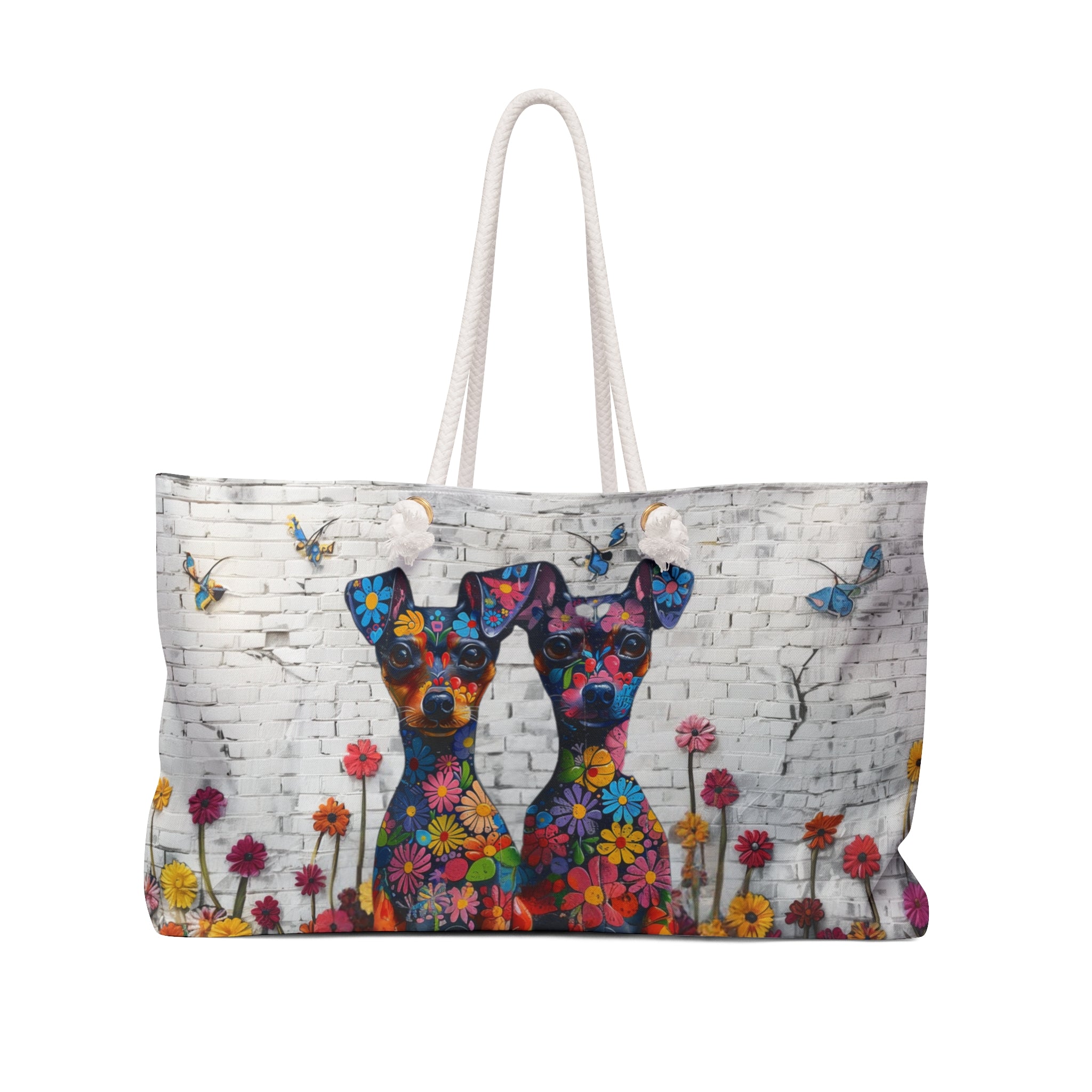 Miniature Pinscher Original Floral Dog Art Large Weekender Tote Bag - miniature-pinscher-original-floral-dog-art-large-weekender-tote-bag