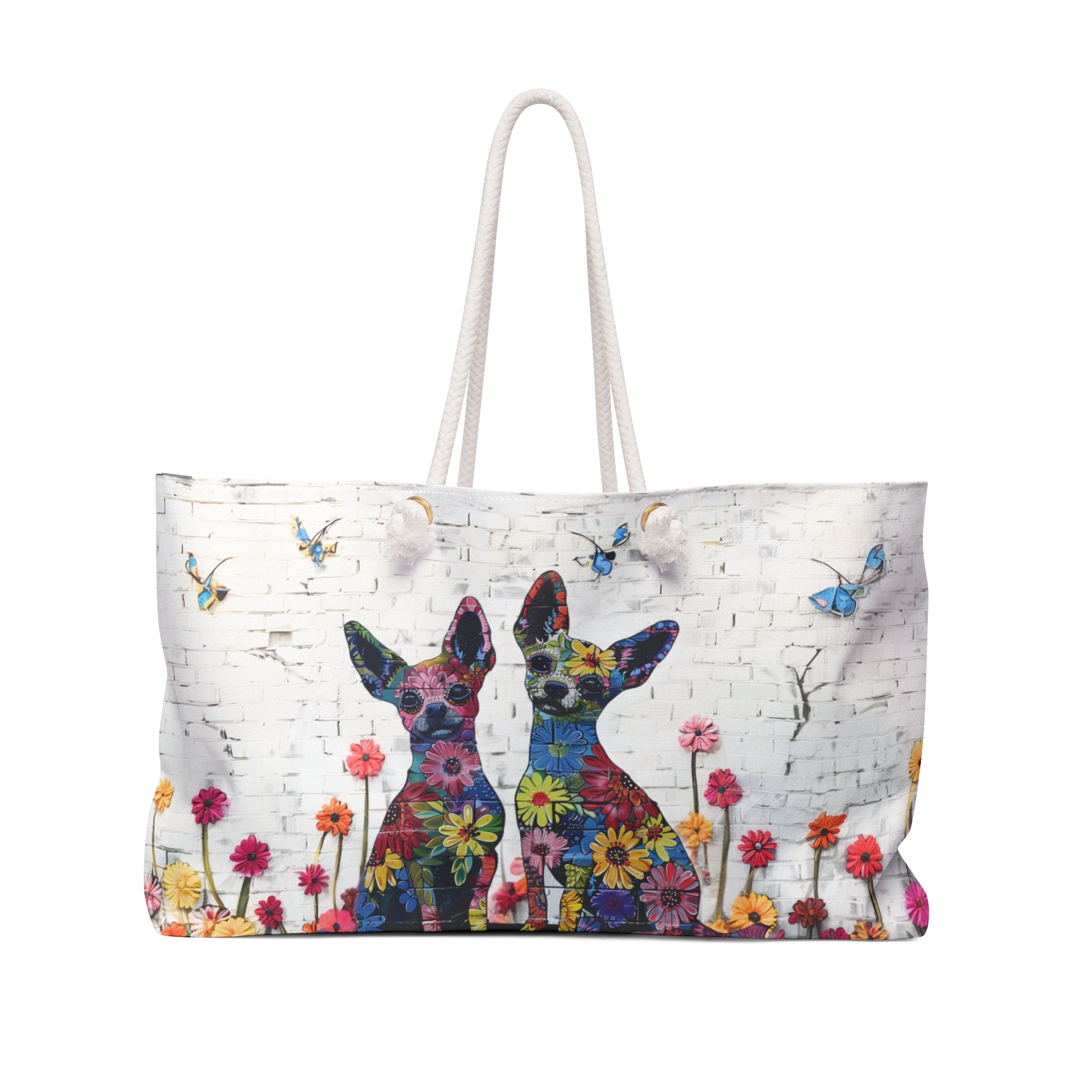 Chihuahua Original Floral Dog Art Themed Large Weekender Tote Bag - chihuahua-original-floral-dog-art-themed-large-weekender-tote-bag