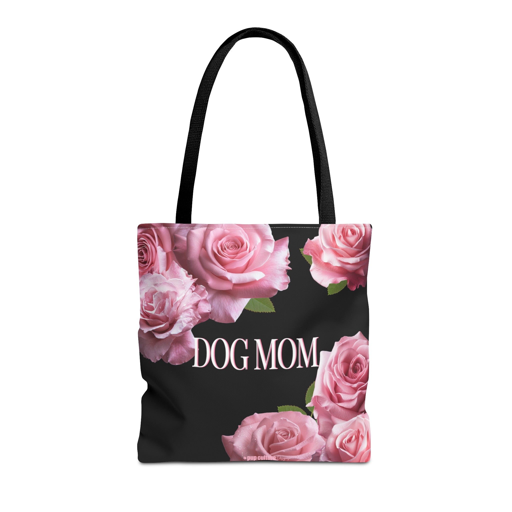 Elegant Dog Mom Pink Roses Tote Bag, Black or White - elegant-dog-mom-pink-rose-tote-bag-black-white