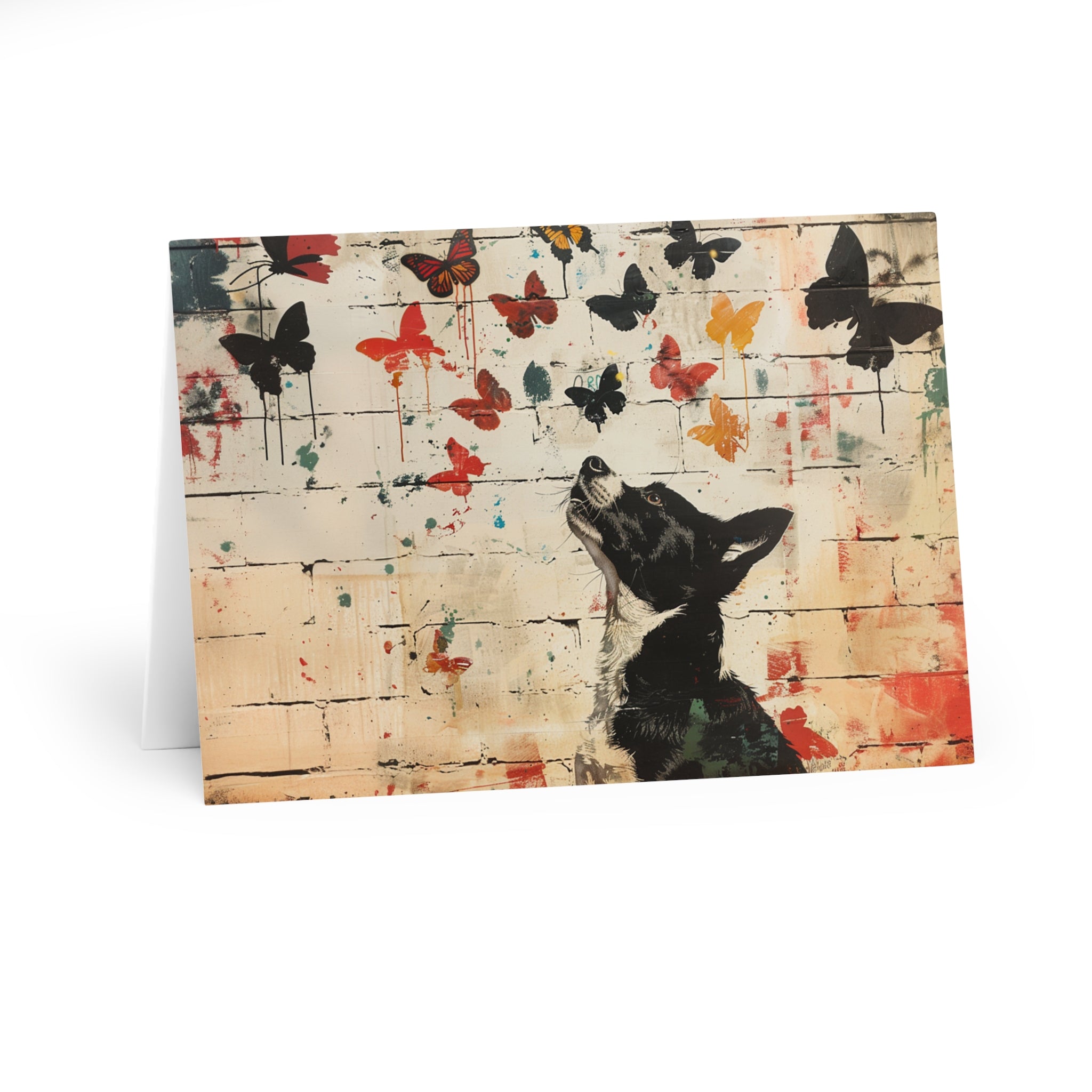 Dog and Butterfly Street Artist Inspired Dog Art Greeting Card 5-Pak