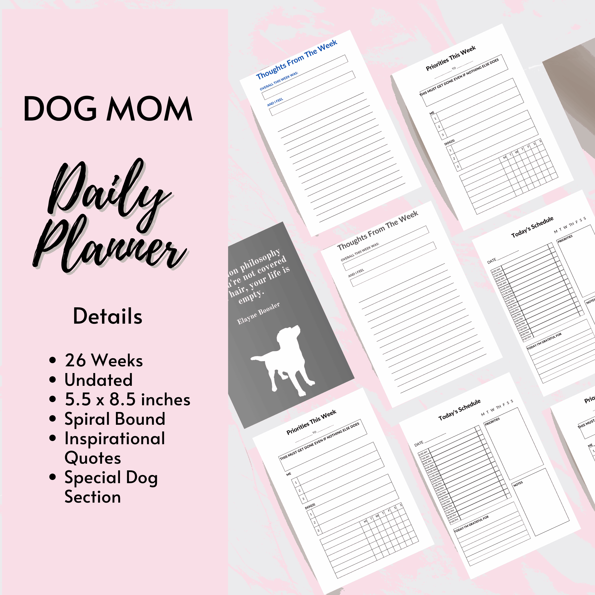 Customizable Dog Mom Line Art Design Undated 6 Month Spiral Bound Daily Planner - customizable-dog-mom-line-art-design-undated-6-month-spiral-bound-daily-planner