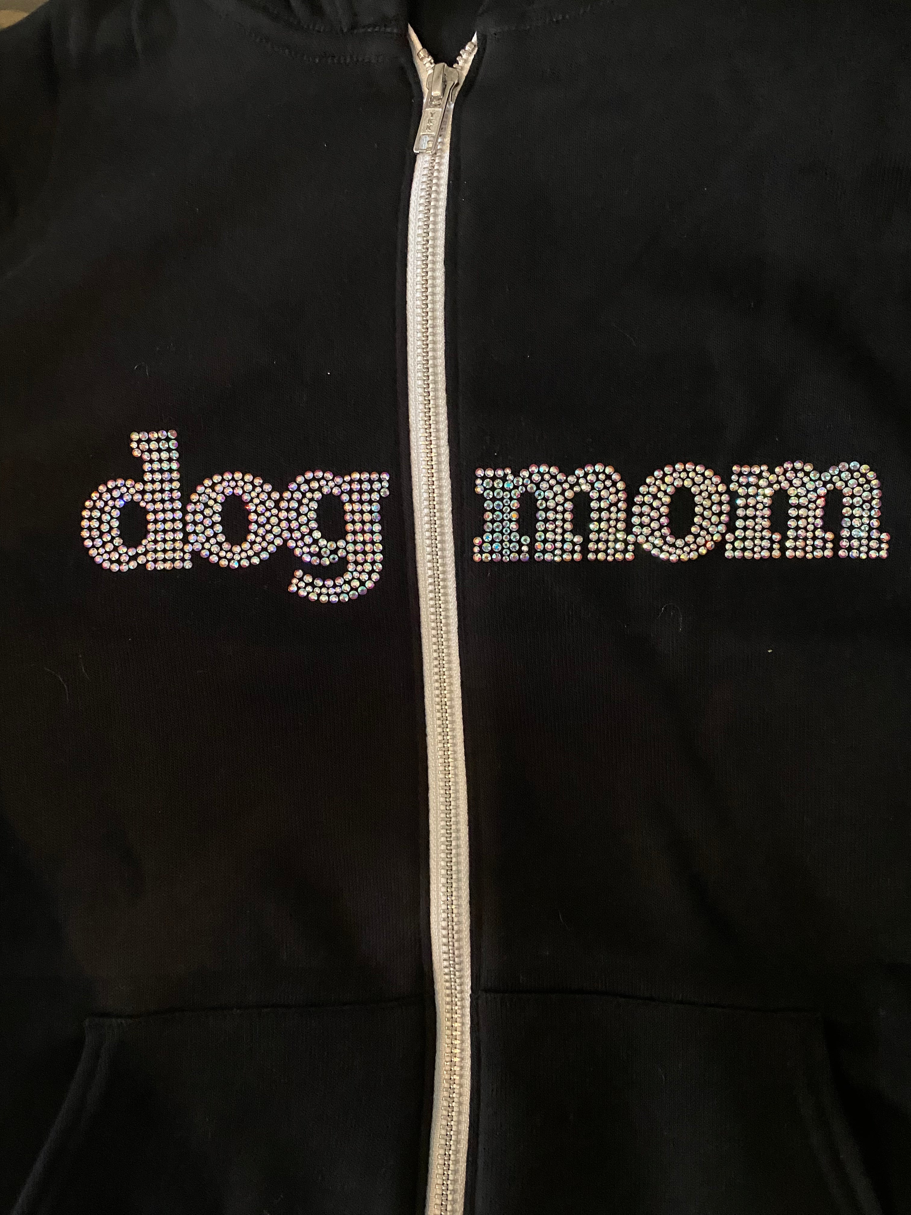 Dog Mom Crystal Hoodie | Crystal Design on Front - dog-mom-rhinestone-zipper-hoodie-front-design