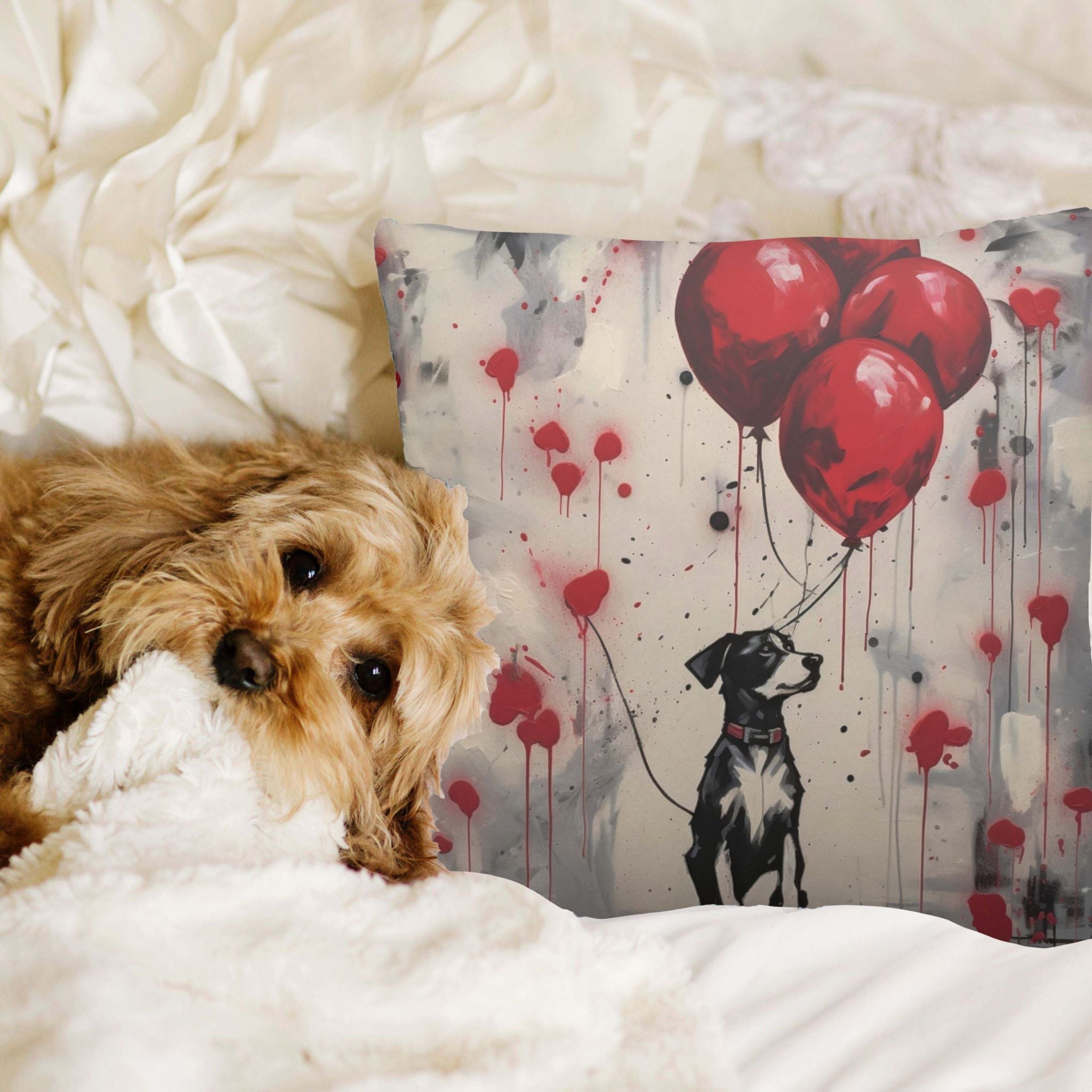 Four Balloons Original Dog Art Original Design Throw Pillow, Choose Fabric - art-inspired-dog-themed-pillow-four-balloons