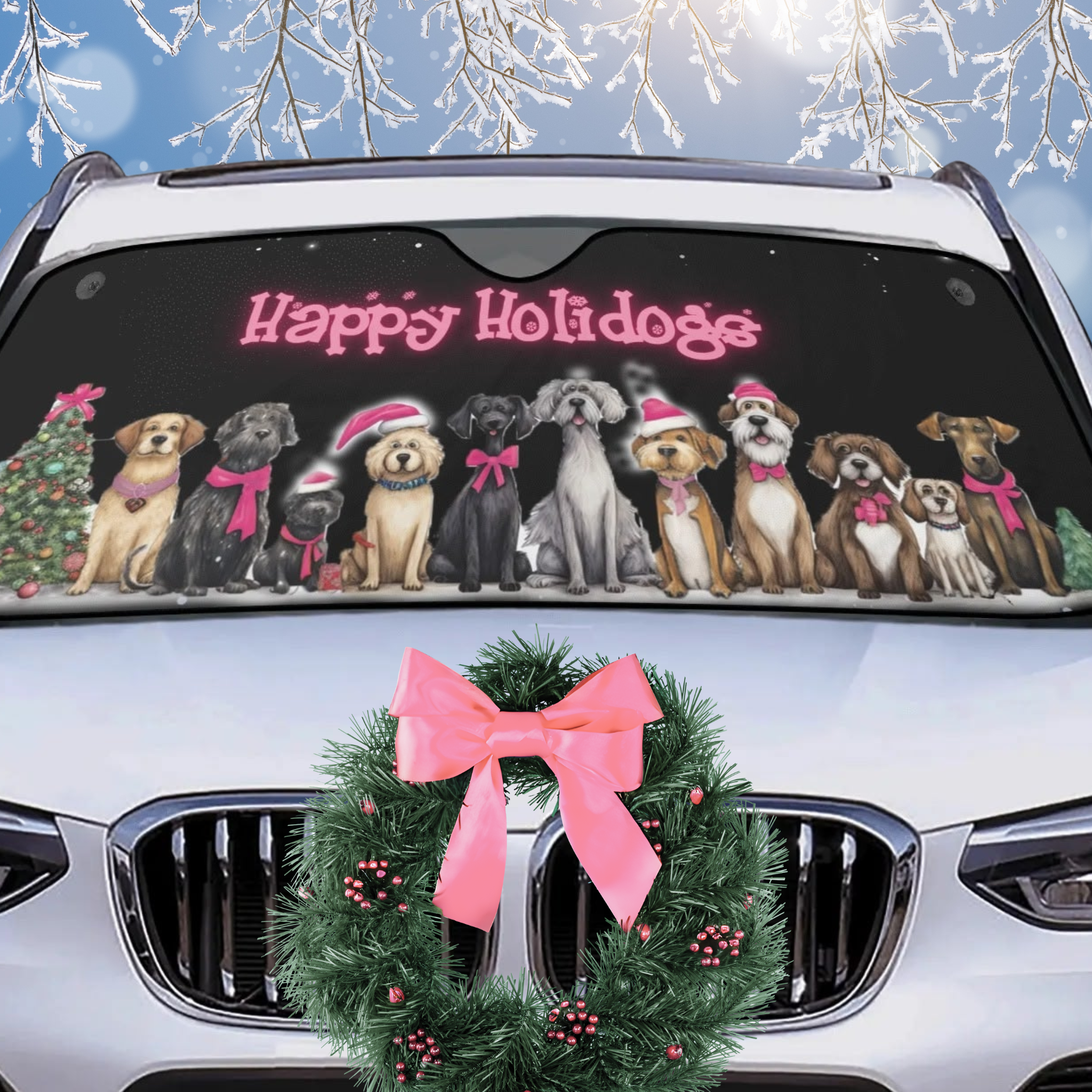 Happy Holidogs Pink Accent Dog Art Whimsical Holiday Dog Art Sun Shade - car-sunshade-1