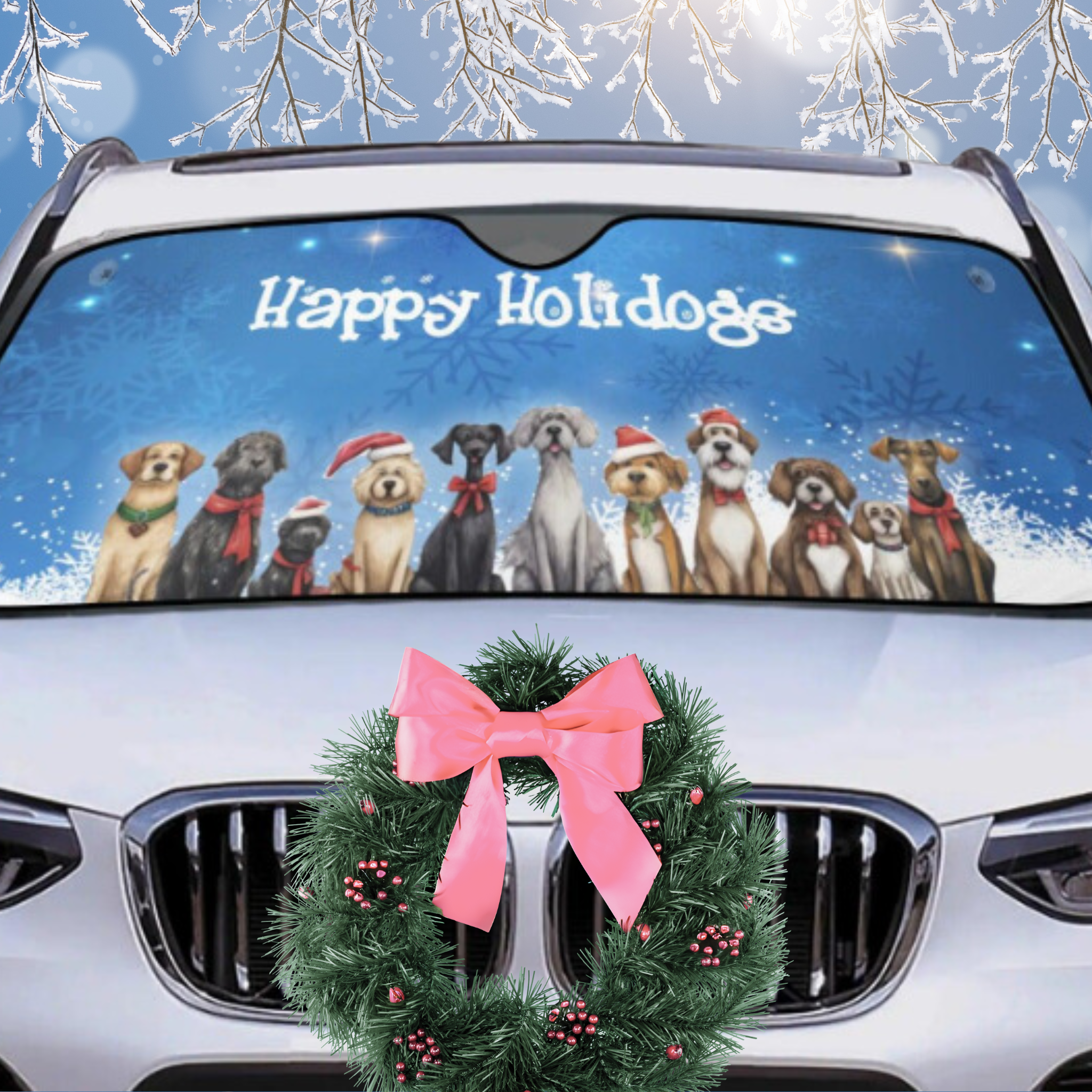 Happy Holidogs Snowflake Dog Art Whimsical Holiday Dog Art Sun Shade - car-sunshade-2