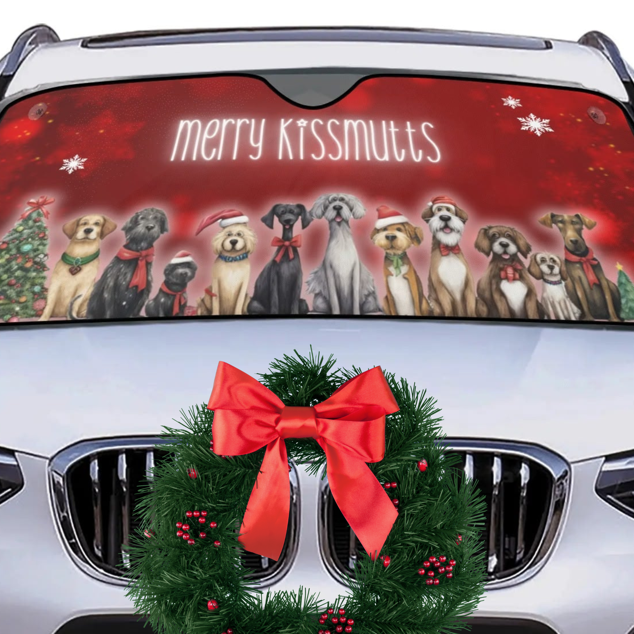 Merry KissMutts Whimsical Dog Art Red Holiday Car Sun Shade - car-sunshade-3