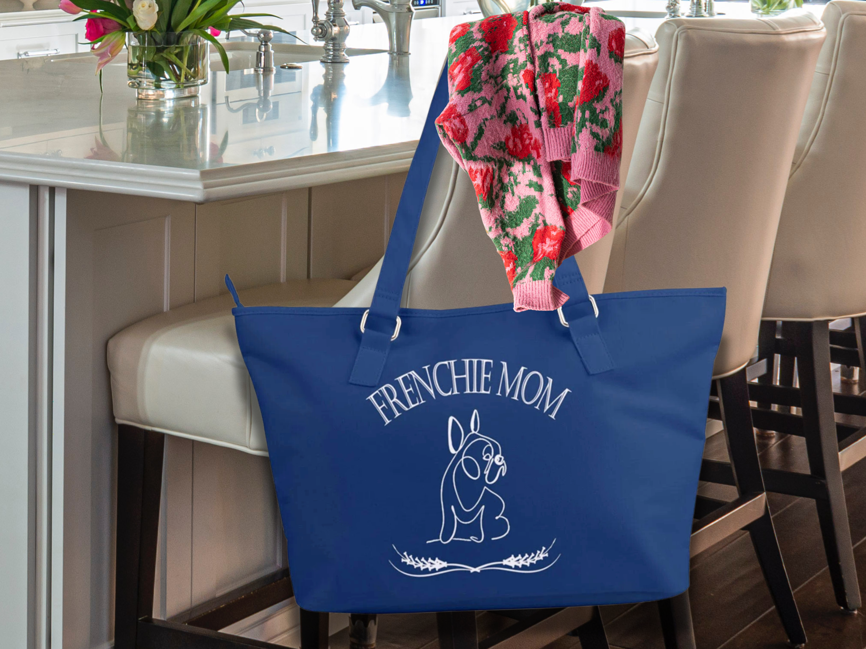 Custom Dog Breed Mom Line Art Farmhouse Design Zippered Tote Bag - frenchie-mom-design-full-print-shoulder-bag