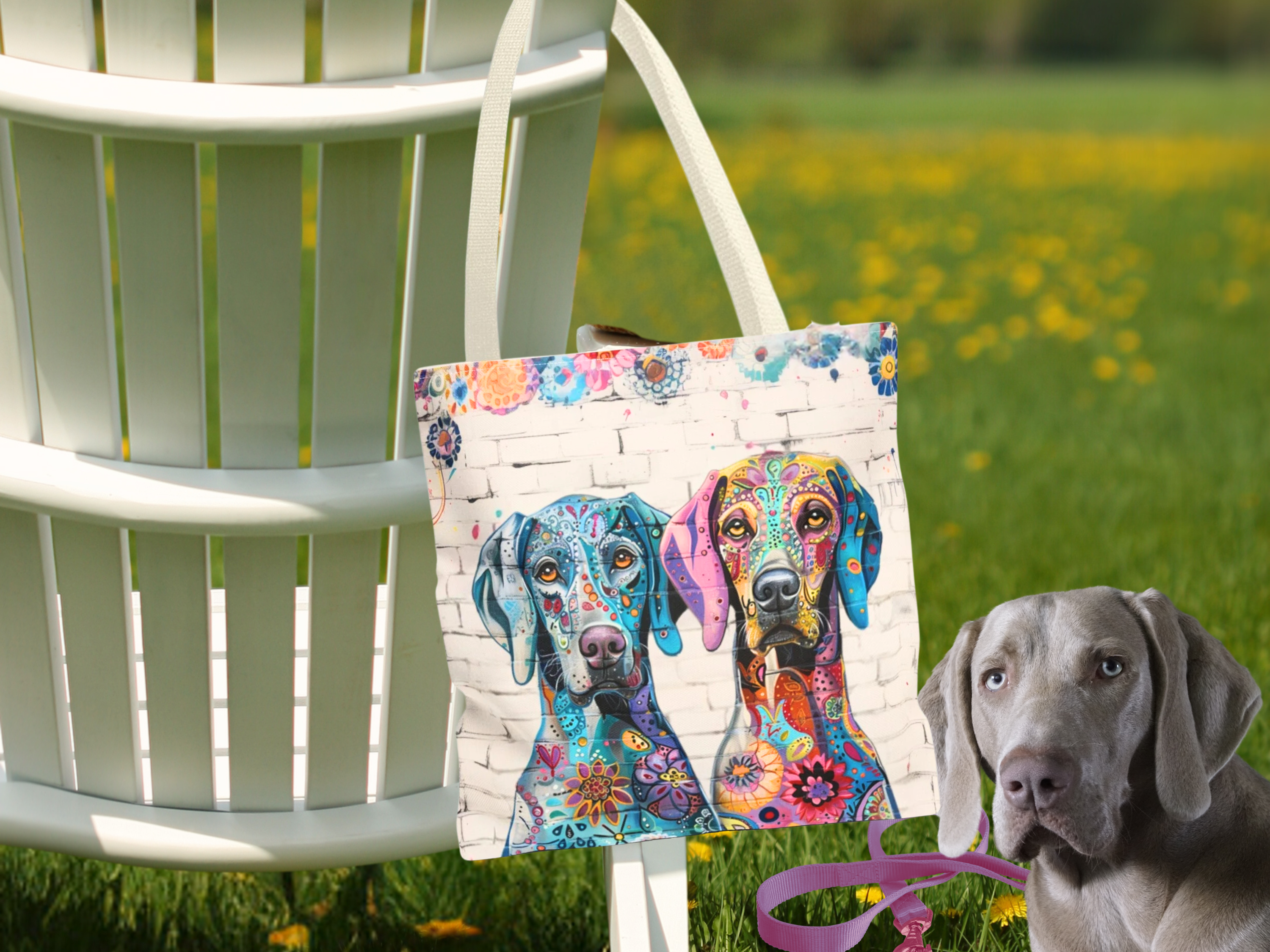 Weimaraner Original Edgy Floral Dog Art Themed Tote Bag - original-art-weimaraner-dog-icon-themed-tote-bag