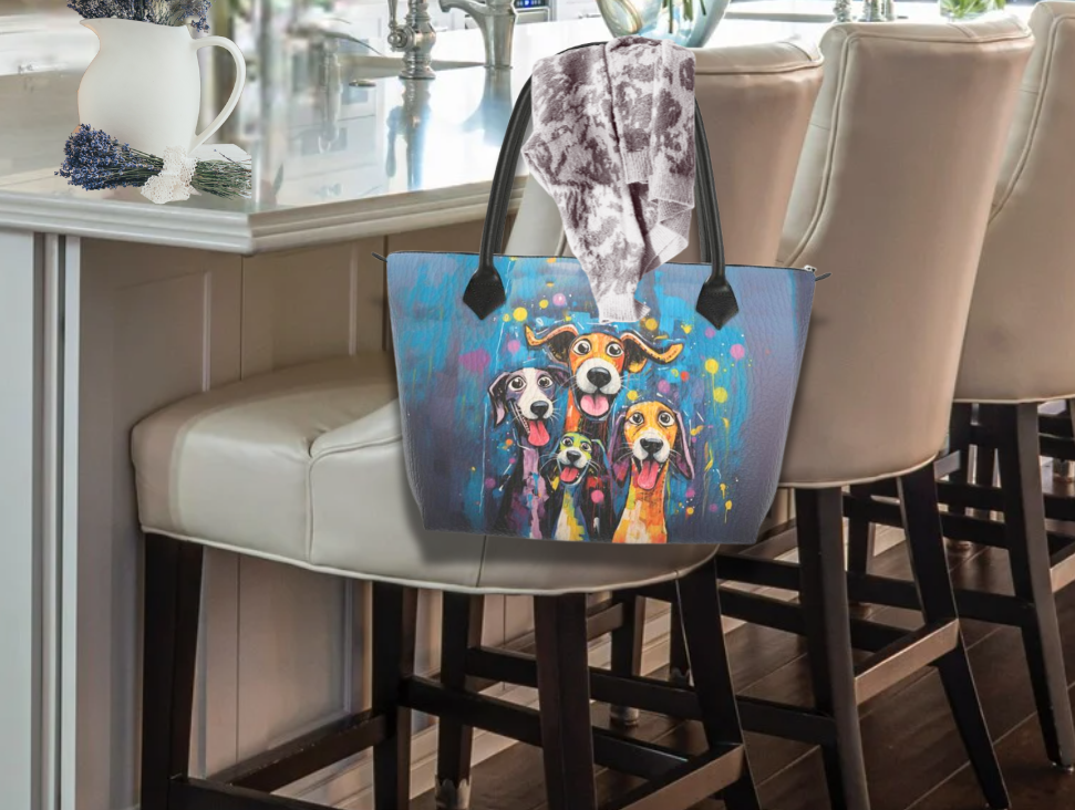 Premium Whimsical Happy Dog Art Luxury Leather "ALEXIA" Original Dog Art Zipper Tote - whimsical-colorful-happy-dog-art-leather-zipper-tote