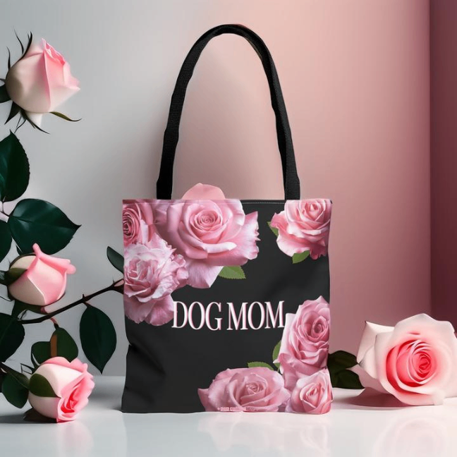 Elegant Dog Mom Pink Roses Tote Bag, Black or White - elegant-dog-mom-pink-rose-tote-bag-black-white