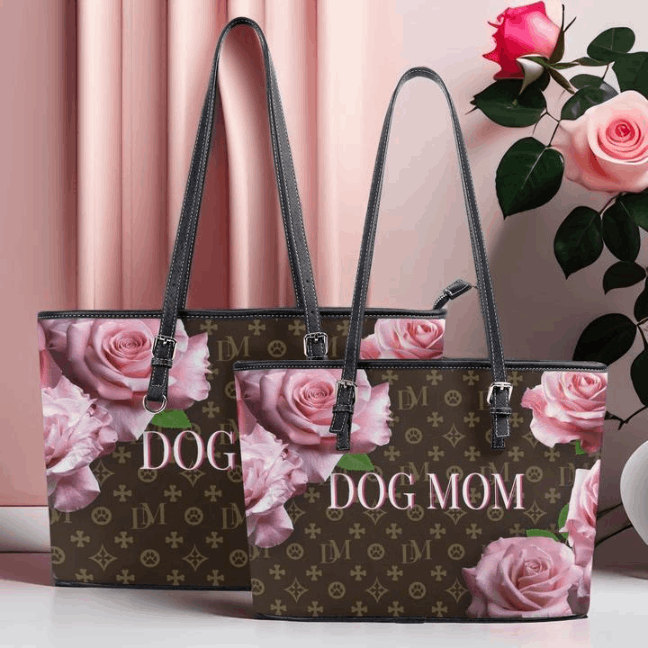 DM Dog Mom Motif & Pink Rose Durable Faux Leather Floral Handbag - dm-dog-mom-motif-pink-rose-durable-faux-leather-floral-handbag