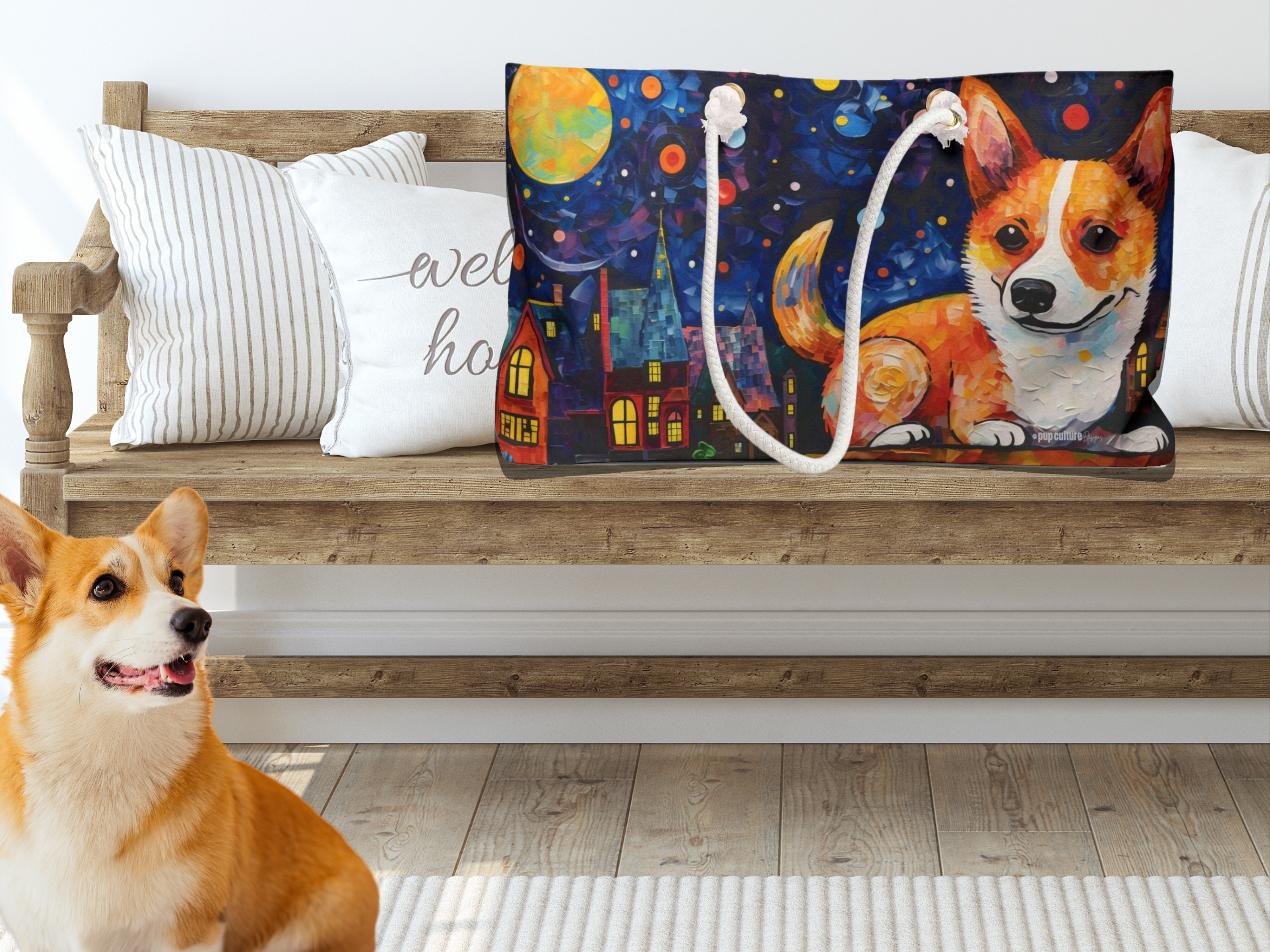 Artist-Inspired Corgi Dog Art Large Market Tote Bag - artist-inspired-corgi-dog-art-large-market-tote-bag