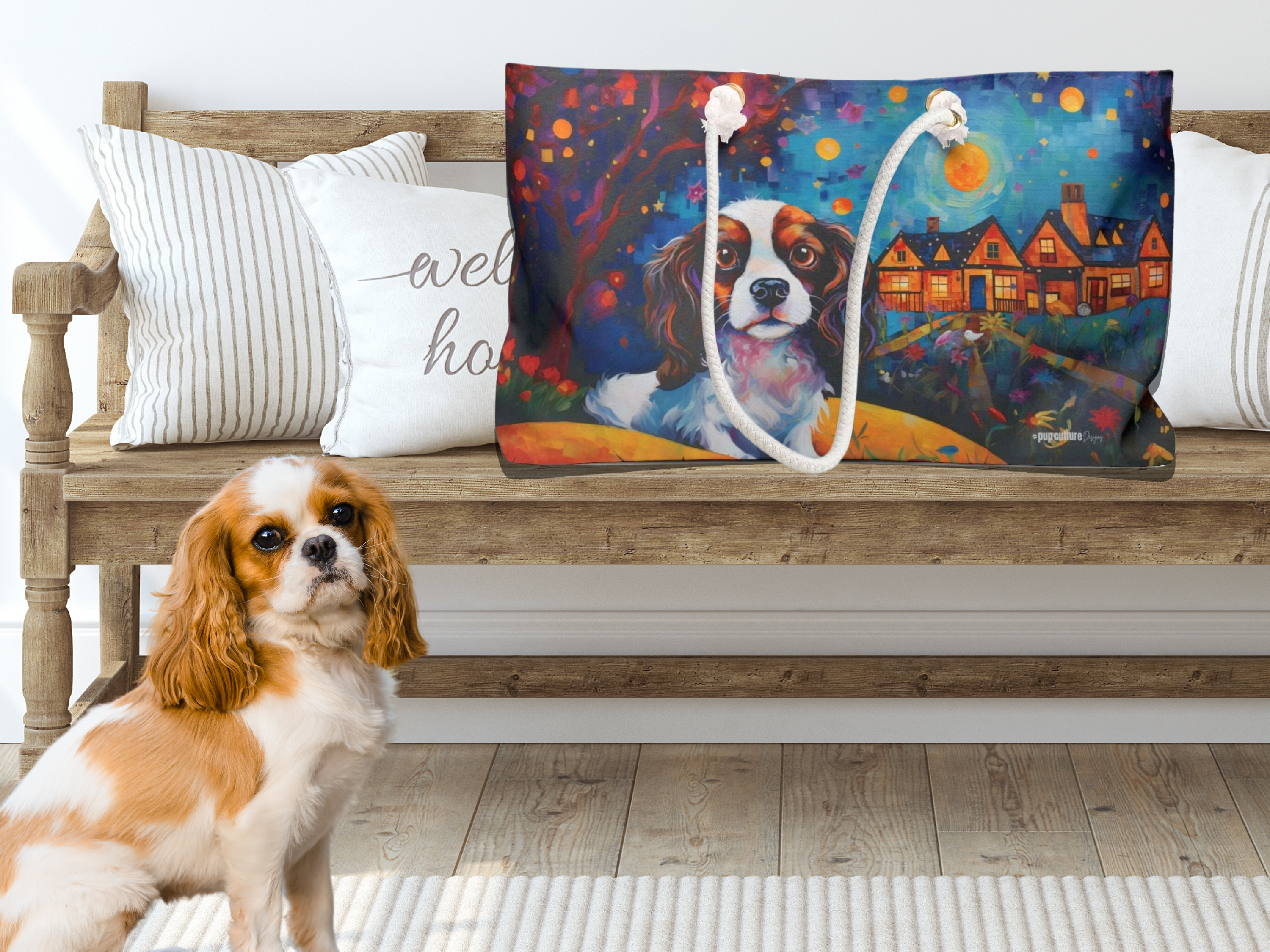 Artist-Inspired Cavalier King Charles Dog Art Market Tote Bag - artist-inspired-cavalier-king-charles-dog-art-large-market-tote-bag