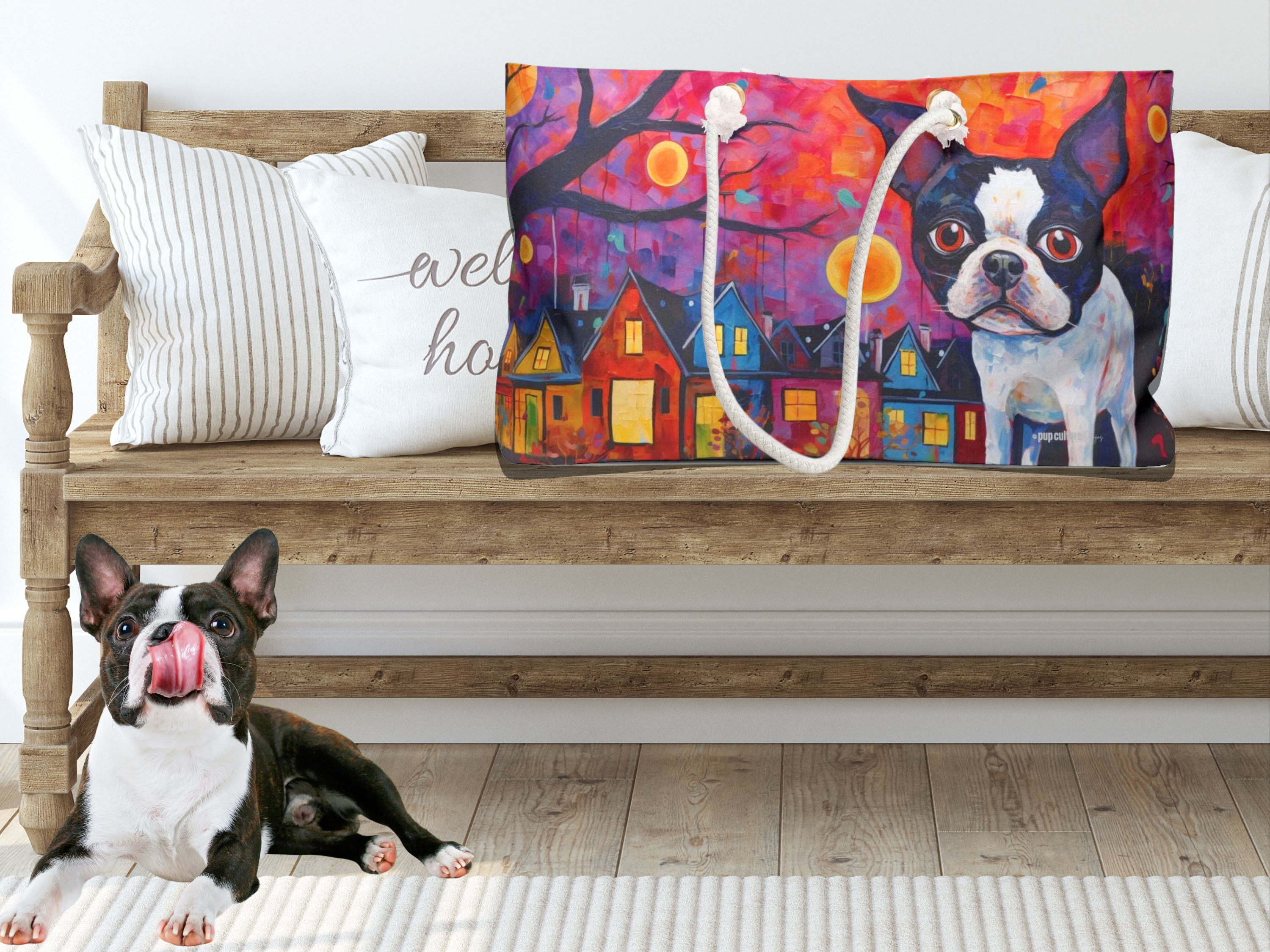 Artist-Inspired Boston Terrier Dog Art Large Market Tote Bag - artist-inspired-boston-terrier-dog-art-large-market-tote-bag