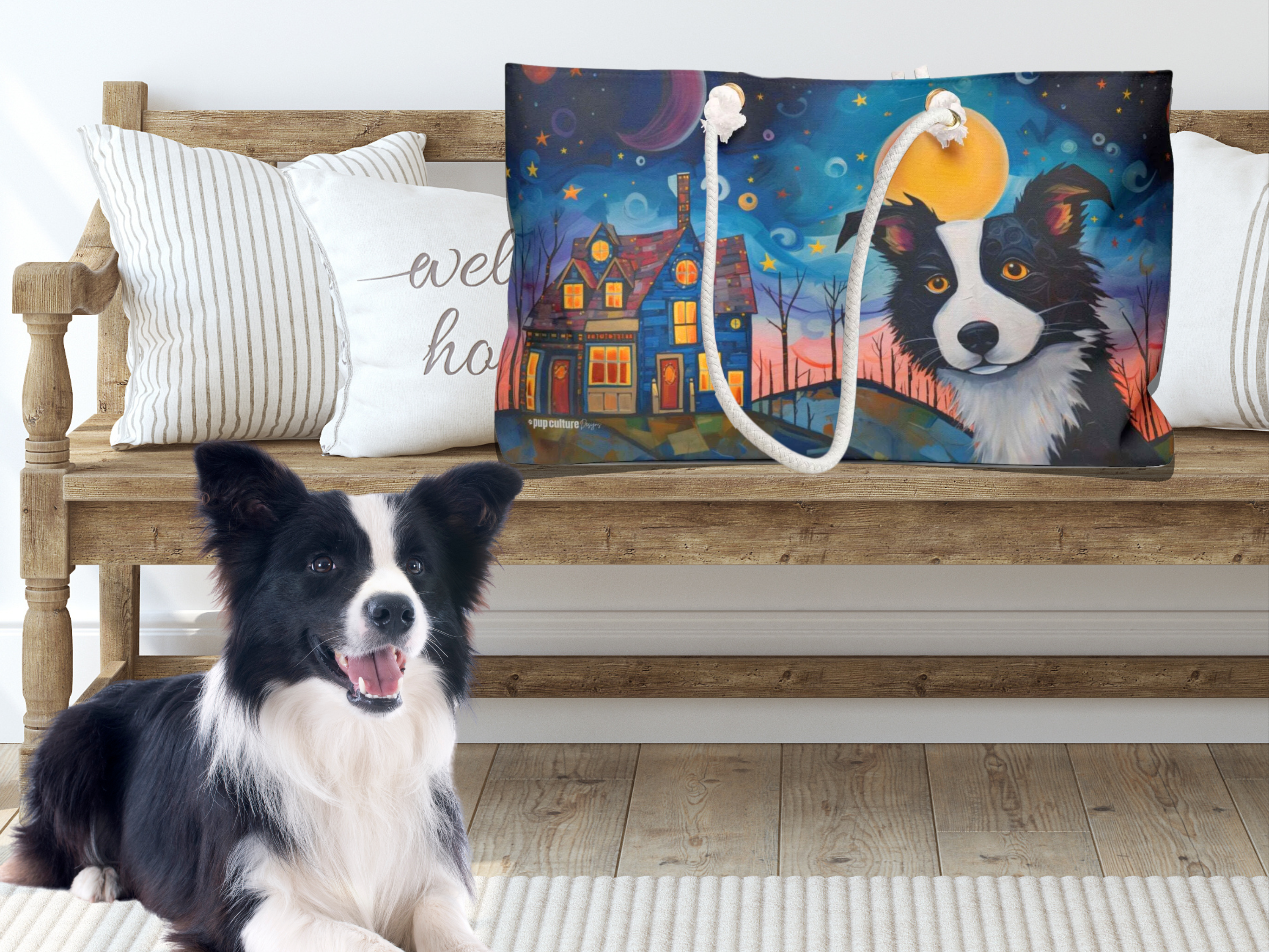 Artist-Inspired Border Collie Dog Art Large Market Tote Bag - artist-inspired-border-collie-dog-art-large-market-tote-bag