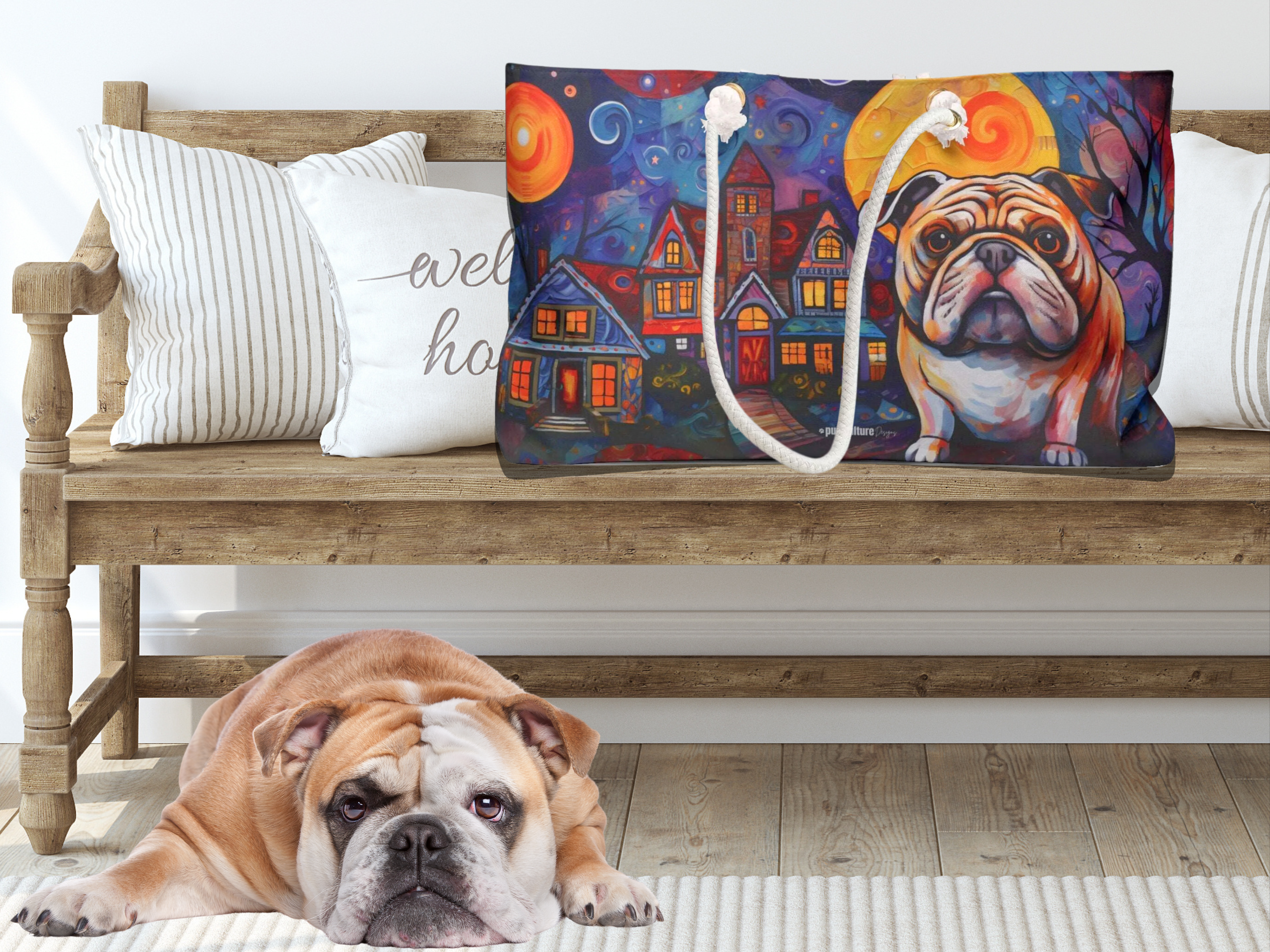 Artist-Inspired Bulldog Dog Art Large Market Tote Bag - artist-inspired-bull-dog-art-large-market-tote-bag