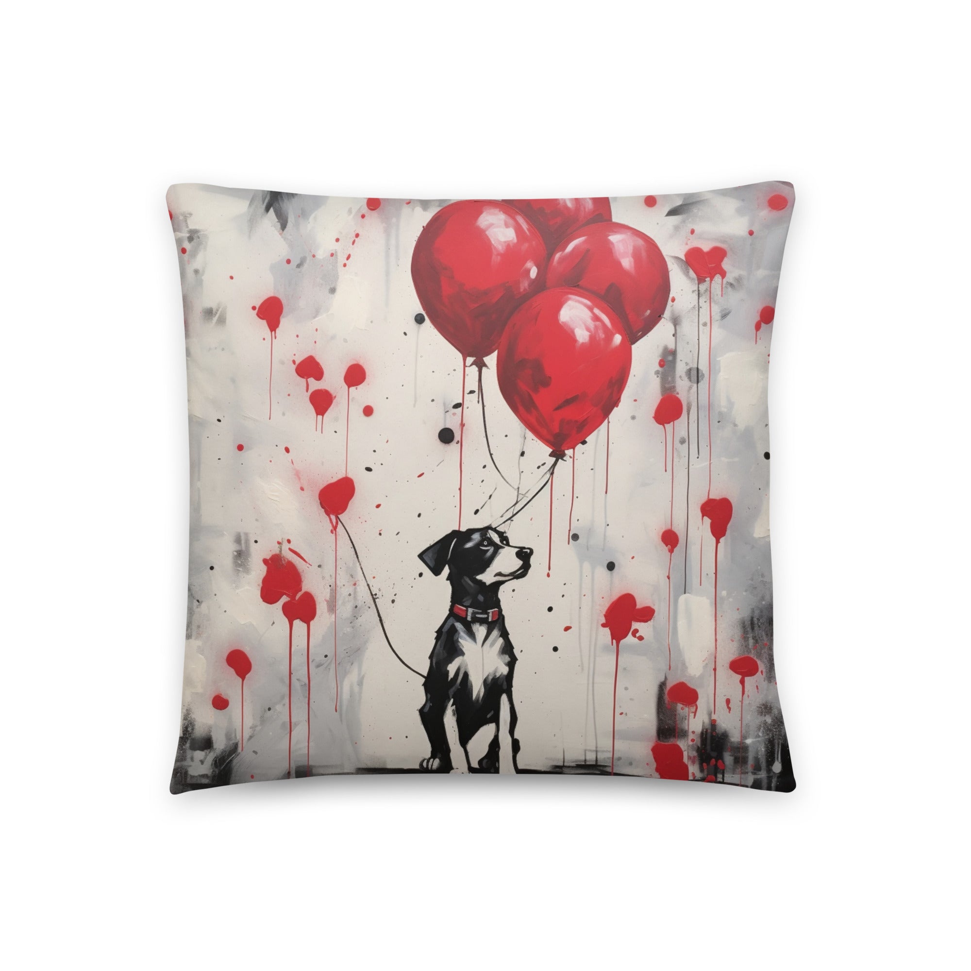 Four Balloons Original Dog Art Original Design Throw Pillow, Choose Fabric - art-inspired-dog-themed-pillow-four-balloons