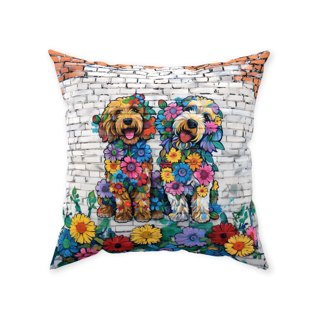 Artistic Floral Golden Doodle Original Dog Art Floor Pillow - golden-doodle-floor-pillow