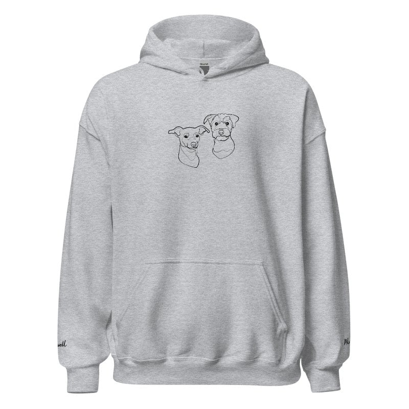 Custom Line Art Dog Portrait Embroidered Hoodie | Large Front Chest & Wrist | Two Dogs - Portrait Hoodie - Portrait Hoodie- Pup Culture Designs